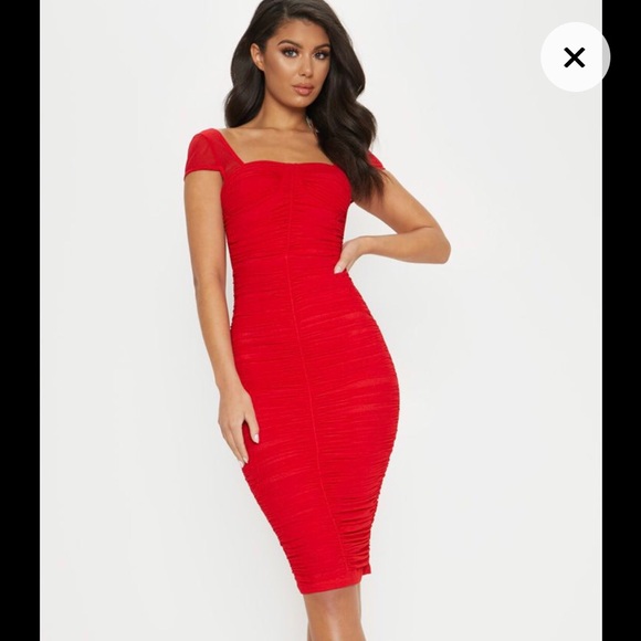 Pretty little thing Red Mesh Ruched Midi Dress - Picture 2 of 7
